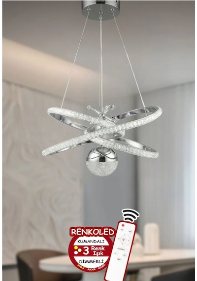 Kumandalı 3 Renk Işıklı Krom Kasa Modern Sarkıt Led Avize Krom Parlak Krom