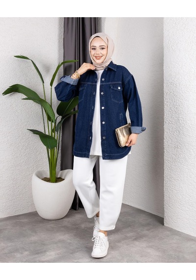 Hb Harma Time Butik Kadın Yıkamalı Cepli Denim Kot Lacivert Ceket