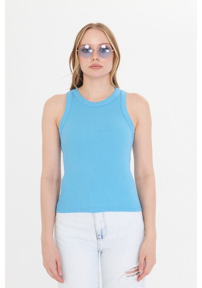 Thıff Gymwear Lacivert Kadın Premium Doku Fitilli Pamuklu Atlet Mavi