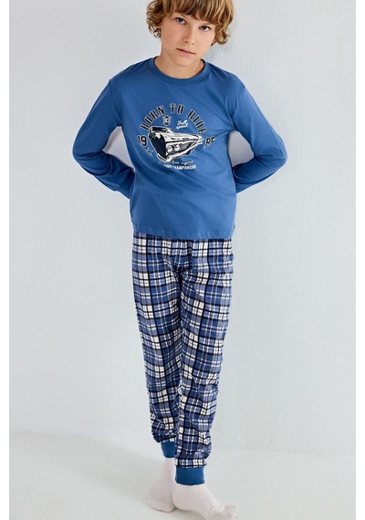 Defacto Regular Fit Baskılı Ve Ekoseli 2li Erkek Çocuk Pijama Takımı H6686a826aube341 Mavi-be341