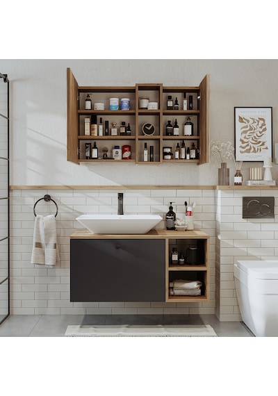 Lotus Lavabolu Mdf 95 Cm Çekmeceli Banyo Dolabı + Aynalı Dolap Atlantik Çam - Beyaz