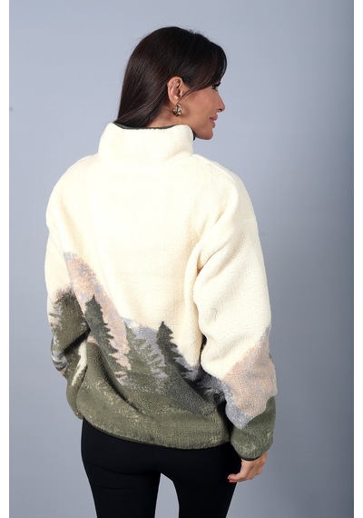 By Saygı Kadın Dik Yaka Fermuarlı Cepli Çam Ağacı - Geyik Desenli Peluş Sweat Ekru-haki