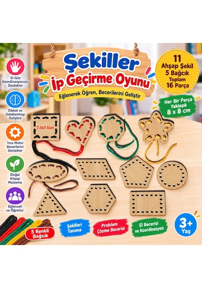 Eğitici Ahşap Şekiller Ip Geçirme Montessori El Kası Geliştirme