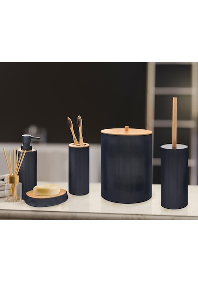 The Mia Stripe Bambu Kapaklı Banyo Seti 5 Parça Siyah