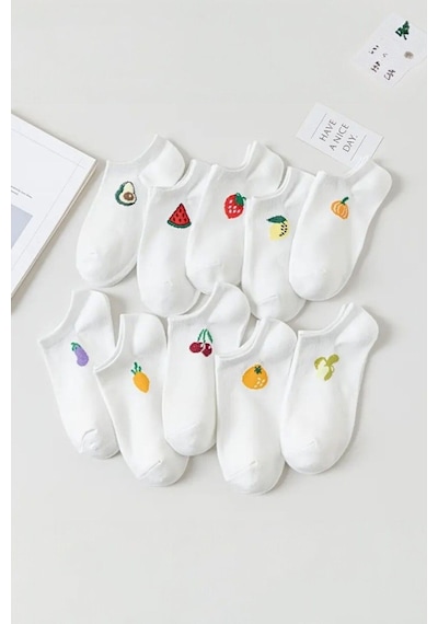 Hitit Socks Kadın 10 Çift Premium Kalite Pamuklu Meyve Desenli Babet Çorap ASORTİ