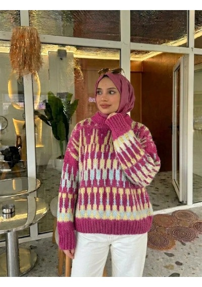 Trend Paris Kadın Etnik Desenli, Bisiklet Yaka, Salaş Triko Kazak - Standart Beden Pembe
