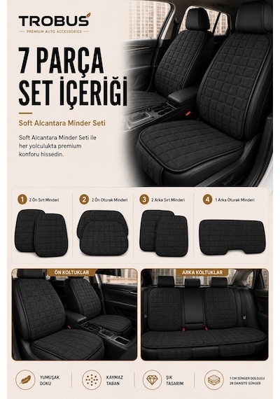 Opel Astra 2000-2004 Üniversal Soft Alkantra Kare Desen 7 Parça Oto Koltuk Minderi Siyah