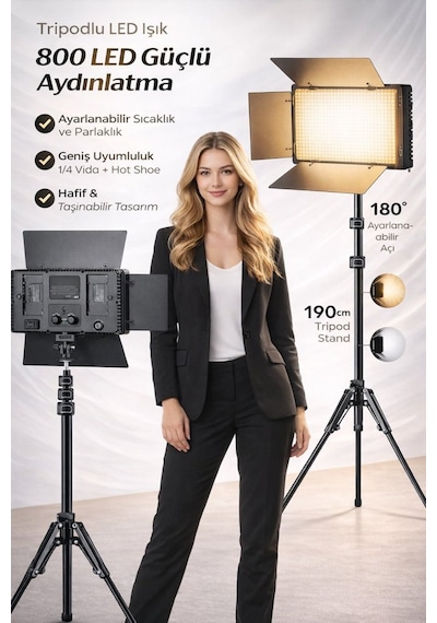 800 Led Profesyonel Video Işığı Tripodlu Ayarlanabilir Parlaklık & 3200k-5600k Renk Sıcaklığı Fotoğraf, Yayıncı, Vlog Işığı