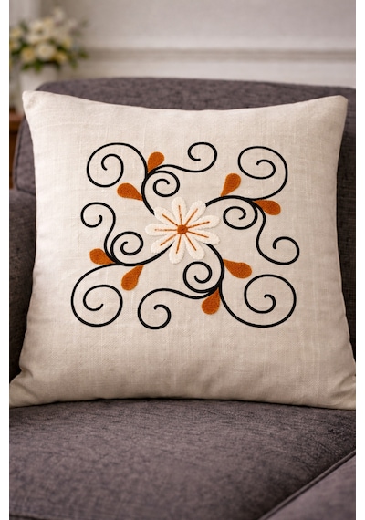 Punch Panç Nakışlı İşlemeli Kırlent Kılıfı 43x43cm Dekoratif Gündelik Kırlent Kılıfı - 1 Adet Sarmaşık Papatya 2
