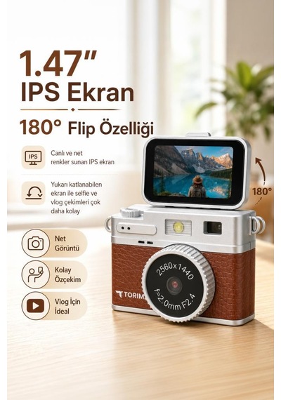 Mini Dijital Kamera 2k Flip Ekranlı Selfie Video Vlog Kamerası Cmr49 Kahverengi