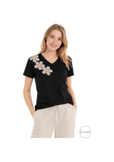 Cassime Kadın Siyah %100 Pamuk Regular/normal Kalıp Çiçek Nakışlı Örme T-shirt