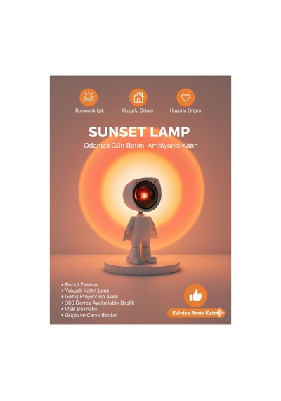 Robot Tasarım Sunset Lamp - 360 Derece Dönebilir Başlıklı Gün Batımı Projeksiyon Gece Lambası Beyaz