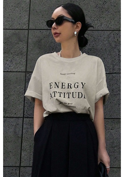 Unisex Energy Baskılı Tasarım Tshirt Bej