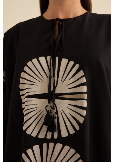 Aker Geometrik Desenli Cotton Yaz Serinliği Kimono Siyah Siyah