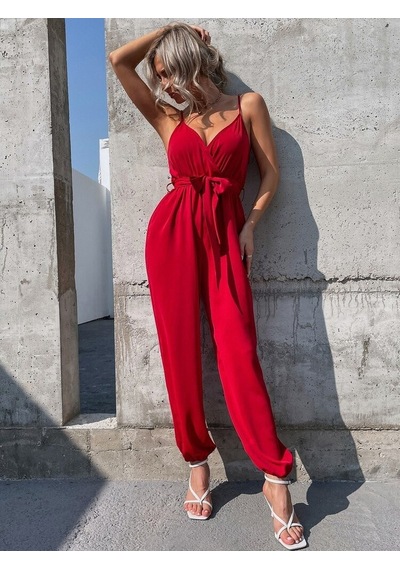 Efnaz Style Kadın Ip Askılı Kruvaze Yakalı Belden Kuşaklı Uzun Sandy Tulum Kırmızı Efnaz Style Kadın Ip Askılı Kruvaze Yakalı Belden Kuşaklı Uzun Sandy Tulum Kırmızı