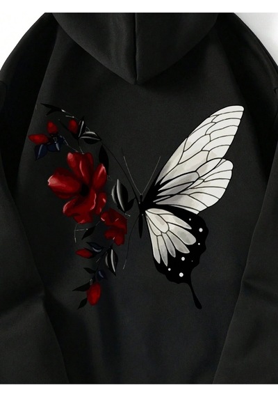 Startmore Floral & Butterfly Print Drawstring Lined Hoodie Siyah Siyah
