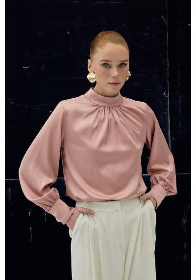 Sateen Yaka Detaylı Saten Bluz - Pembe-136727 Pembe
