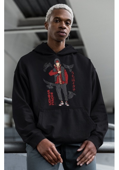 Sevbano Uchiha Itachi Baskılı Unisex Oversize Naruto Anime Hoodie Siyah