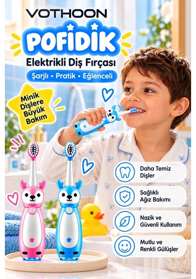 Pofidik Çocuklar İçin Şarjlı Elektrikli Diş Fırçası 3 Modlu Titreşimli Şarjlı Yedek Başlık Hediyeli