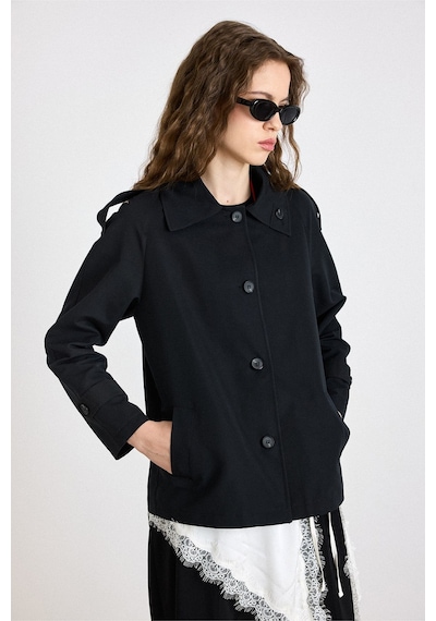 Olcay Apolet Detaylı Su İtici Öellikli Astarsız Kısa Trençkot Siyah 6834