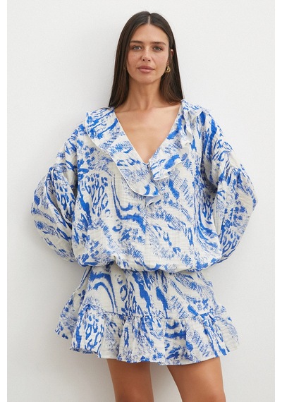 Uterpe Balon Kollu Fırfırlı Desenli Crop Bluz Mavi