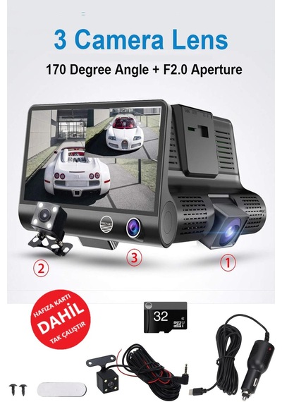3 Kameralı Araç İç Ön Ve Arka Yol Video Kaydedici Sürüş Güvenliği Kamerası G-sensor 4inç Büyük Ekran