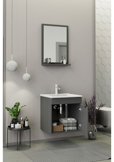 Biani Fix Arya 55 Cm Banyo Dolabı,Seramik Lavabolu, Aynalı,Lavabo Dahil,Mdf,Mat Gri Biani Fix Arya 55 Cm Banyo Dolabı,Seramik Lavabolu, Aynalı,Lavabo Dahil,Mdf,Mat Gri