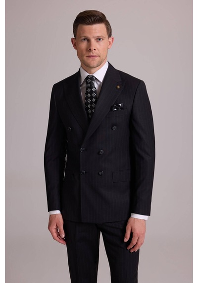 Erkek Siyah Slim Fit Çizgili Kruvaze Yün Takım Elbise