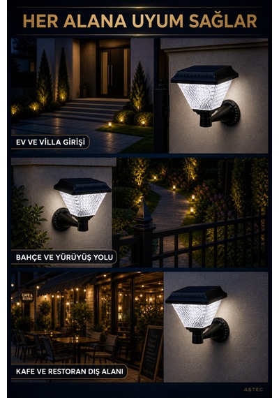 Astec Kristal Solar Led Duvar Aplik 30w 6400k Beyaz Işık Ip64 Dış Mekân Bahçe Duvar Aydınlatma Prizmatik