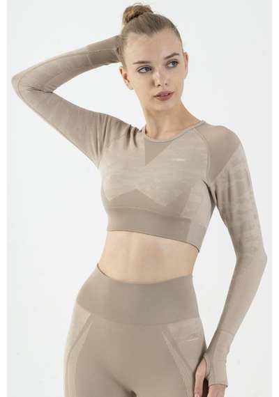 Maraton Active Slimfit Kadın Bisiklet Yaka Uzun Kol Fitness Açık Vizon Crop Top 816013 Açık Vizon