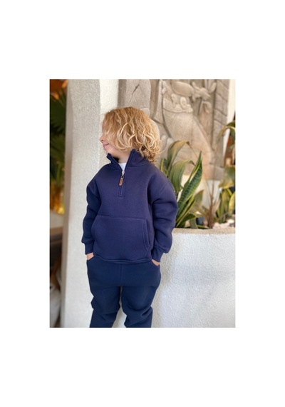 Heyadventure Erkek / Kız Çocuk Dik Yaka Sweatshirt Kanguru Cepli 3 İplik Şardonlu Lacivert Lacivert