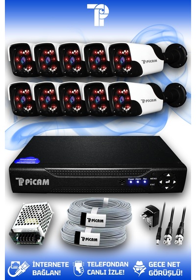Picam 10 Kameralı Panda 10 Dış Kamera Set HDD'siz Full HD Gece Görüşlü Güvenlik Kamerası Sistemi