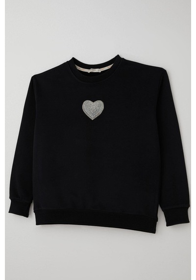 Breeze Kız Çocuk Sweatshirt Işıltılı Kalp Masalı İnci İşlemeli 9-14 Yaş, Siyah Siyah