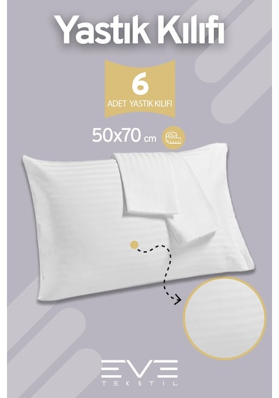 Eve Tekstil  6 Adet Çizgili Pamuk Saten Antibakteriyel Fermuarlı Yıkanabilir Otel Lüks Yastık Kılıfı 50x70cm Beyaz