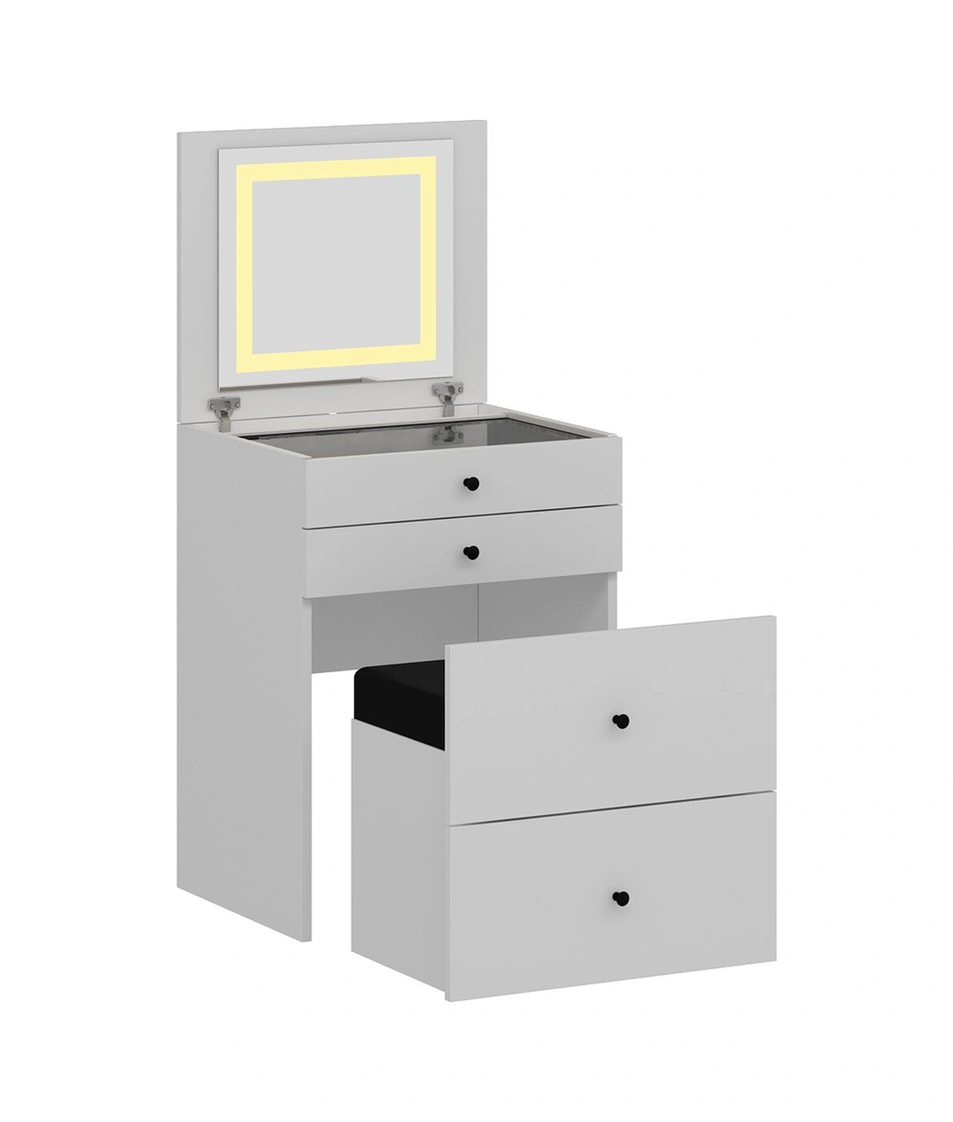 Luna Gizli Puflu Led Aynalı Makyaj Masası - Beyaz Beyaz