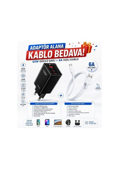 Gan 65w Ultra Hızlı Şarj Cihazı 3 Çıkışlı Hızlı Şarj Aleti Başlığı Ve 67w Usba To Micro Data Ve Hızlı