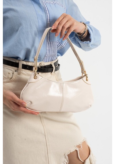 Lovelystore Bükreş Model Omuz Ve El Çantası Parlak Kırçıllı Yapılı Fermuarlı 33x14 Krem