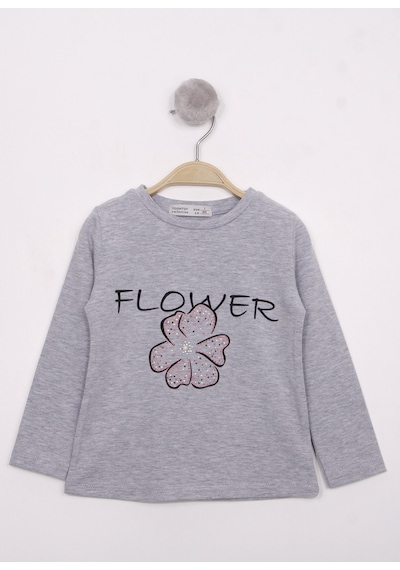 Toontoy Kids Toontoy Kız Çocuk Flower Baskılı T-shirt Gri Melanj