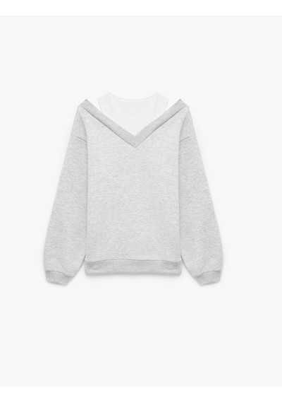 Koton Rahat Kalıp Atlet Detaylı Uzun Kollu Bisiklet Yaka Şardonlu Sweatshirt Gri Melanj 7wal10050ık