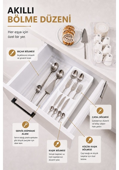 Çekmece İçi Kaşıklık Organizer Bölmeli Mutfak Düzenleyici Beyaz S-11030