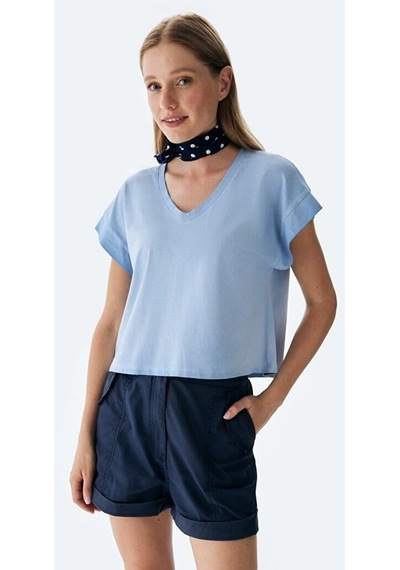 Ltb Nomaka Kadın V Yaka Oversize Yıkamalı Kısa Kol T-shırt 12248001160016-8754