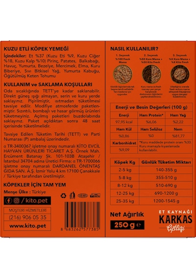 Kito Fresh Kuzu Etli Taze Yetişkin Köpek Yemeği 250 G