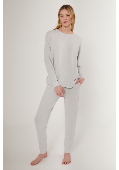 Pierre Cardin Bright Pinstripe Gri Kadın Uzun Kol Pijama Takım
