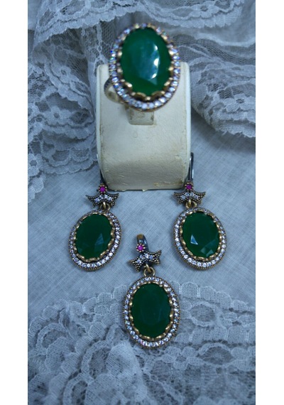 Otantik Zirkon Yeşil Taşlı Oval Set Bronz