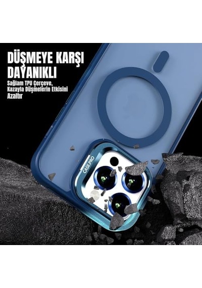 Madnova Apple iPhone Uyumlu 13 İçin Kılıf Kamera Korumalı Magsafe Wireless Şarj Özellikli Lens li Mat Şeffaf Renkli Standlı Kılıf Lacivert