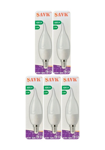 5 Adet Şavk 5,5w 37w Beyaz Işık 6500k E14 Duylu İnce Duy Led Kıvrık Ampul
