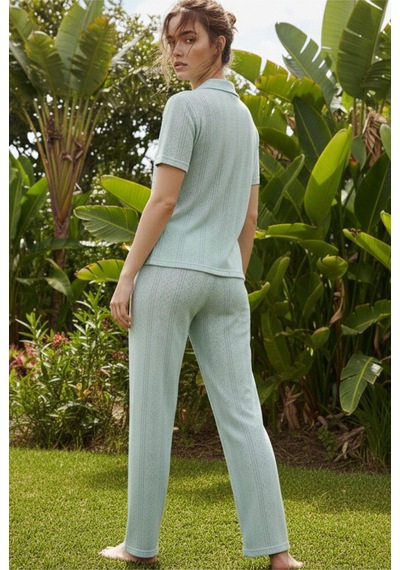 Siyah İnci Pointel Ajurlu/delikli Kısa Kollu Düğmeli Örme Pijama Takım26120536 Mint
