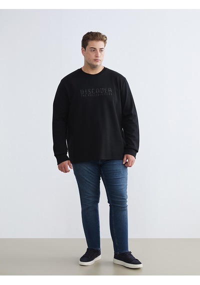 Lcwaıkıkı Classic Siyah Büyük Beden Bisiklet Yaka Baskılı Erkek Sweatshirt