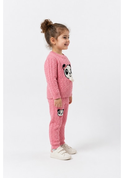 Babyhola 1-5 Yaş Kız Çocuk Panda Desenli Saç Örgü Kışlık Triko Takım 23217 Fuşya