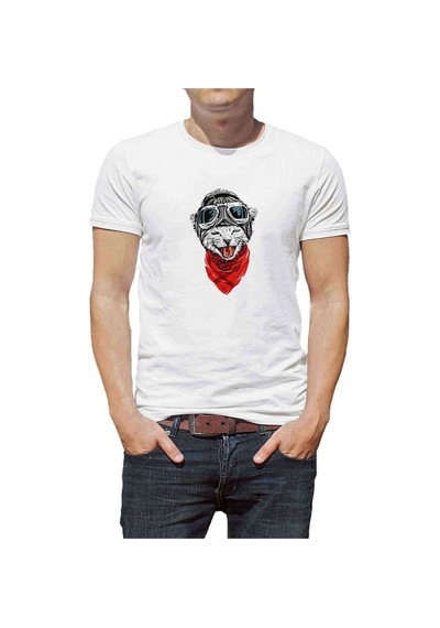 Kedi Buff Gözlük Baskılı Beyaz Erkek Tshirt